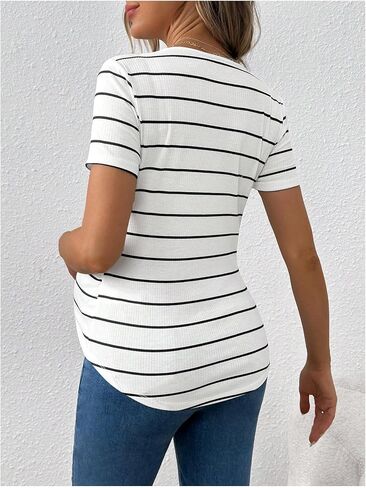 المرأة قصيرة الأكمام مخطط الأمومة تي شيرت Crewneck غير متناظرة مضلع متماسكة الحمل المحملة القمم in Saudi Arabia