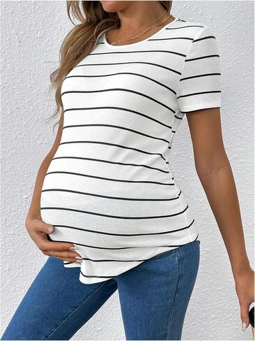 المرأة قصيرة الأكمام مخطط الأمومة تي شيرت Crewneck غير متناظرة مضلع متماسكة الحمل المحملة القمم in Saudi Arabia