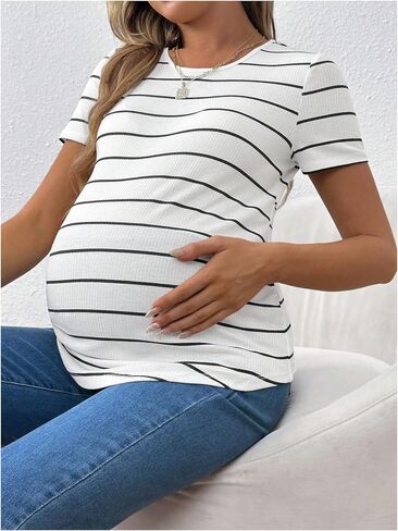 المرأة قصيرة الأكمام مخطط الأمومة تي شيرت Crewneck غير متناظرة مضلع متماسكة الحمل المحملة القمم in Saudi Arabia