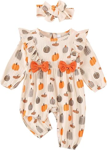 Newborn Baby Girl Halloween Outfits Long Puff Sleeve Cotton Linen Romper Pumpkin Jumpsuit Fall Thanksgiving Clothes in Kuwait