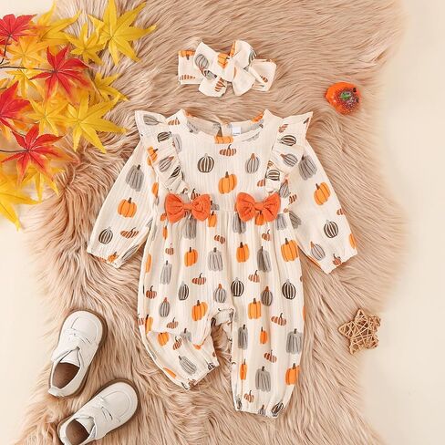 Newborn Baby Girl Halloween Outfits Long Puff Sleeve Cotton Linen Romper Pumpkin Jumpsuit Fall Thanksgiving Clothes in Kuwait