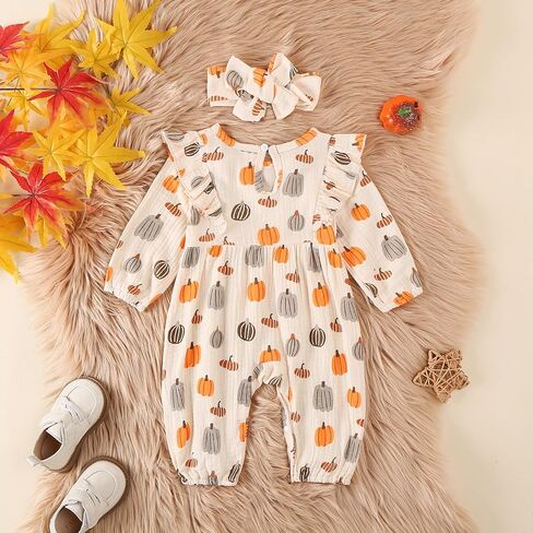 Newborn Baby Girl Halloween Outfits Long Puff Sleeve Cotton Linen Romper Pumpkin Jumpsuit Fall Thanksgiving Clothes in Kuwait