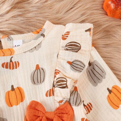 Newborn Baby Girl Halloween Outfits Long Puff Sleeve Cotton Linen Romper Pumpkin Jumpsuit Fall Thanksgiving Clothes in Kuwait
