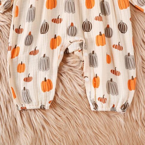 Newborn Baby Girl Halloween Outfits Long Puff Sleeve Cotton Linen Romper Pumpkin Jumpsuit Fall Thanksgiving Clothes in Kuwait