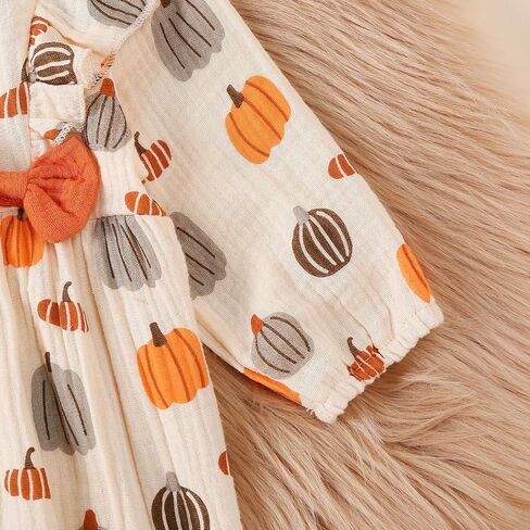 Newborn Baby Girl Halloween Outfits Long Puff Sleeve Cotton Linen Romper Pumpkin Jumpsuit Fall Thanksgiving Clothes in Kuwait