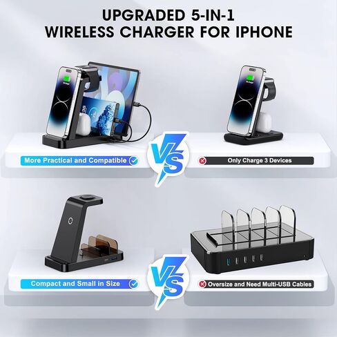 Wireless Charger for iPhone - 5 in 1 Charging Station for Multiple Devices Apple: Fast Wireless Charging Stand Dock for iPhone 15 14 13 12 Pro Max Apple Watch Airpods(Blue) in Saudi Arabia