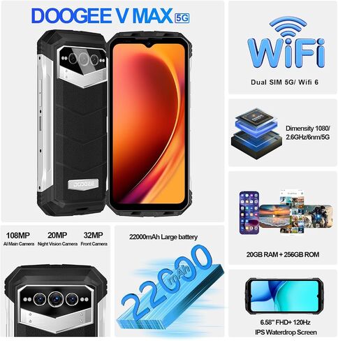 DOOGEE V MAX 5G Rugged Smartphone, 22000mAh Battery 20(12+8) GB+256GB 120Hz 6.6" FHD+ Display Rugged Phones Unlocked,108MP Main Camera Rugged Cell Phone, Dual Hi-res Speakers,Night Vision,NFC/OTG in Saudi Arabia