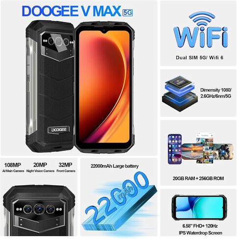 DOOGEE V MAX 5G Rugged Smartphone, 22000mAh Battery 20(12+8) GB+256GB 120Hz 6.6" FHD+ Display Rugged Phones Unlocked,108MP Main Camera Rugged Cell Phone, Dual Hi-res Speakers,Night Vision,NFC/OTG in Saudi Arabia