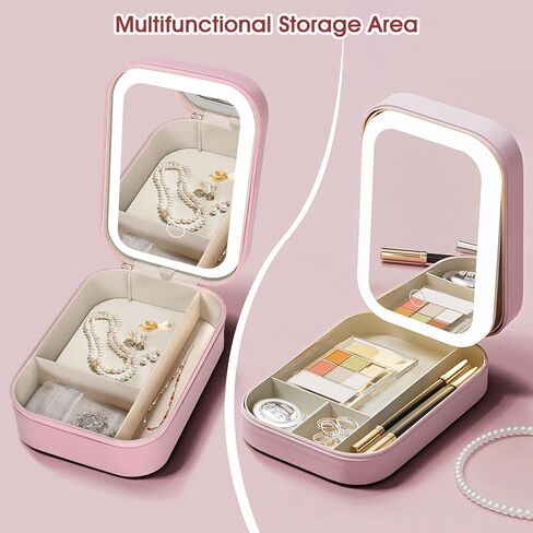 2 in 1 Jewelry Box,Travel Jewelry Case Organizer with LED Makeup Mirror for Girls Women and Travel Essential to Store Ring, Necklace, Earring(White) in Saudi Arabia