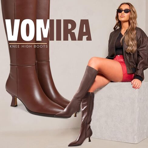 VOMIRA Knee High Boots for Women Black Boots Pointy Toe Kitten Heels Wide Calf Boots 3 In High Heels Long Boots Stiletto Boots Dress Tall Boots in Kuwait