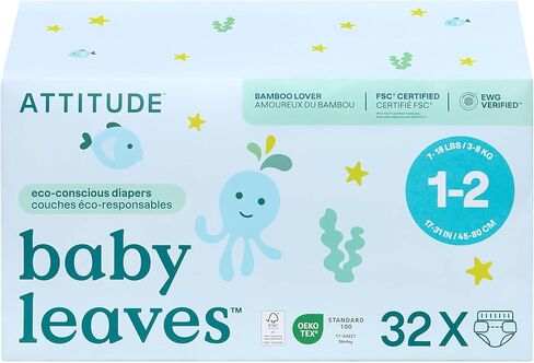 ATTITUDE Eco-Conscious Disposable Diapers, EWG Verified, Size 1/2 (7-17 lbs), Ultra Absorbent for Baby, Vegan & Plant-Based, 32 Count in Saudi Arabia