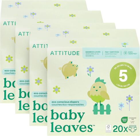 ATTITUDE Eco-Conscious Disposable Diapers, EWG Verified, Size 1/2 (7-17 lbs), Ultra Absorbent for Baby, Vegan & Plant-Based, 32 Count in Saudi Arabia