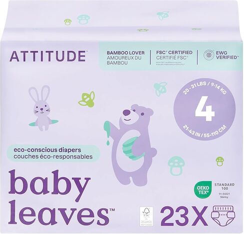 ATTITUDE Eco-Conscious Disposable Diapers, EWG Verified, Size 1/2 (7-17 lbs), Ultra Absorbent for Baby, Vegan & Plant-Based, 32 Count in Saudi Arabia