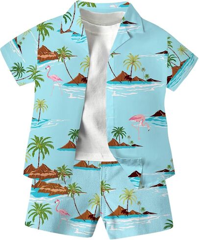 SANGTREE 3 Piece Boys Outfits Short Sleeve and Shorts Set Summer clothes | Cotton Hawaiian baby boy Beach Vacation Spring School matching in Saudi Arabia