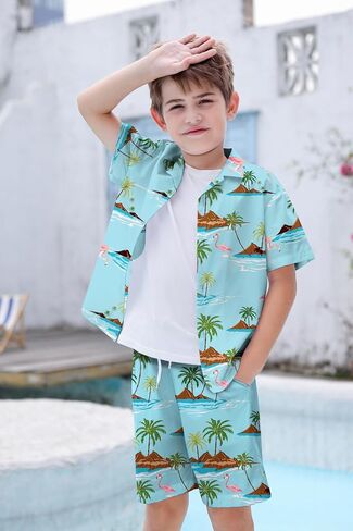 SANGTREE 3 Piece Boys Outfits Short Sleeve and Shorts Set Summer clothes | Cotton Hawaiian baby boy Beach Vacation Spring School matching in Saudi Arabia