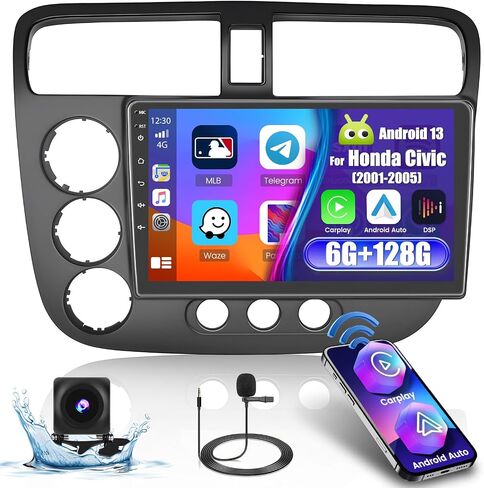 8 Core 6G RAM + 128G ROM Android 13 ستيريو سيارة لـ 2001-2005 Honda Civic راديو السيارة مع 9 بوصة 1280 * 720 دقة Carplay Android Auto 32EQ DSP كاميرا احتياطية SWC in Saudi Arabia