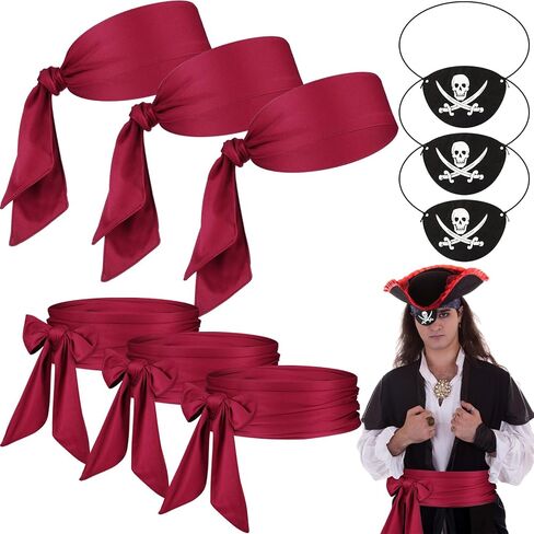 مجموعة إكسسوارات أزياء قرصان الهالوين 9 قطع من Geosar، 3 باندانا قرصان، 3 رقعة عين، قناع عين، 3 وشاح قرصان، حزام خصر in Kuwait