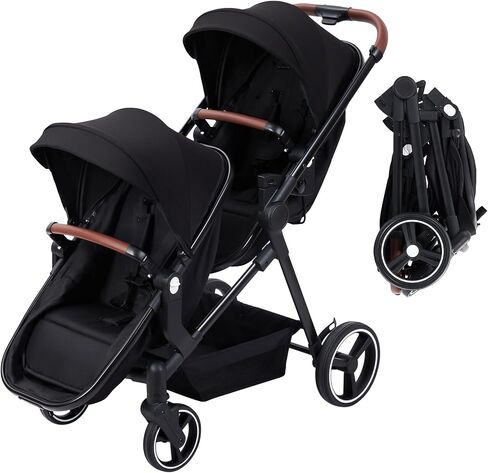 Double Stroller for Infants and Toddlers, Foldable Tandem Stroller, Reversible Pushchair Bassinet Pram with Large Storage Basket, Adjustable Backrest & Canopy, Black in Saudi Arabia