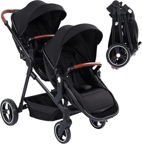 Double Stroller for Infants and Toddlers, Foldable Tandem Stroller, Reversible Pushchair Bassinet Pram with Large Storage Basket, Adjustable Backrest & Canopy, Black in Saudi Arabia
