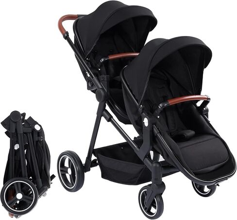 Double Stroller for Infants and Toddlers, Foldable Tandem Stroller, Reversible Pushchair Bassinet Pram with Large Storage Basket, Adjustable Backrest & Canopy, Black in Saudi Arabia
