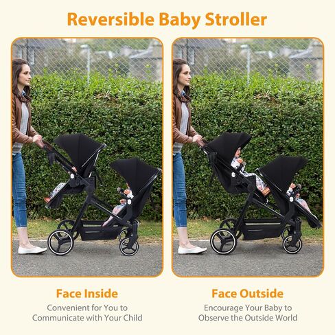 Double Stroller for Infants and Toddlers, Foldable Tandem Stroller, Reversible Pushchair Bassinet Pram with Large Storage Basket, Adjustable Backrest & Canopy, Black in Saudi Arabia