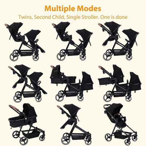 Double Stroller for Infants and Toddlers, Foldable Tandem Stroller, Reversible Pushchair Bassinet Pram with Large Storage Basket, Adjustable Backrest & Canopy, Black in Saudi Arabia