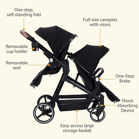 Double Stroller for Infants and Toddlers, Foldable Tandem Stroller, Reversible Pushchair Bassinet Pram with Large Storage Basket, Adjustable Backrest & Canopy, Black in Saudi Arabia