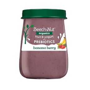 Beech-Nut Organic Fruit & Yogurt Baby Food Jars with Prebiotics, Organic Banana Berry & Yogurt Puree, Stage 2 Baby Food for Babies 6 Months and Up, Non-GMO, 4oz Glass Jars, 10ct