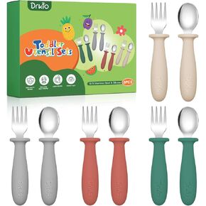 DRKIO 8 Pieces Toddler Utensils Set - Kids Silverware Set with Silicone Handle Children Safe 18/8 Stainless Steel Forks and Spoons Anti-Choke Design Food Grade Dishwasher Safe