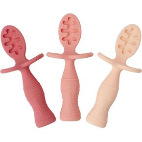 Upward Baby Spoons Self Feeding 6+ Months - 3 Pack, Chewable Toddler Utensils with Anti Choke Barrier, Baby Feeding Essentials, Baby Spoons 4 months, Silicone Baby Spoons, Pink