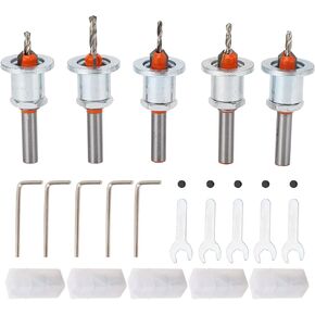 Countersink Drill Bit Set 5PCS with Alloy Steel Adjustable Countersink Self Tapping Screw Drill Bit, Tapered Drill Bits Secured with Quick Change Wrench