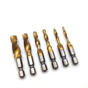 6 Pcs Drill Tap Set, Metric Thread Titanium Combination Drill Tap Bits Set M3-M10 Coated 1/4" Hex Shank HSS Screw Metric Compound Tap Drill Bits 3-in-1 Bit Tool for Drilling Tapping Countersinking