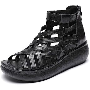 Optigard Women's High Top Leather Gladiator Wedge Sandals with Back Zipper Cut Out Breathable Platform Open Toe Roman Sandals Summer Casual Non-Slip Walking Beach Sandals