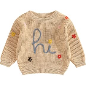 Toddler Infant Newborn Baby Girl Boy Sweater Hi Floral Knit Crewneck Sweatshirt Pullover Fall Winter Clothes