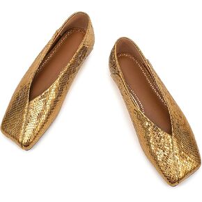 Women's Square Toe Ballet Flats Shoes Snakeskin Dressy Comfortable Slip-on Metallic Leather Ballerina Flats