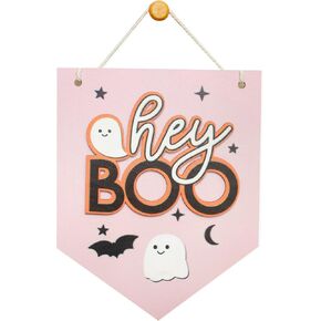 Halloween Hey Boo Sign For Front Door Decor, Spooky Pink Ghost Wood Door Hanger For Outdoor Outside Porch, Funny Holiday Wooden Wreath Indoor Wall Hanging Decoration，Halloween Wall Hanging, Cute Halloween Sign