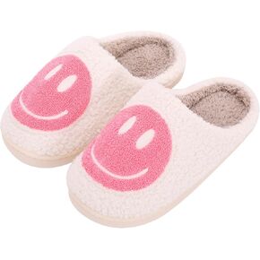 Retro Preppy Happy Face Slippers Warm Fuzzy Slippers Cozy Furry Fur House Slippers Soft Plush Slip-on Slippers