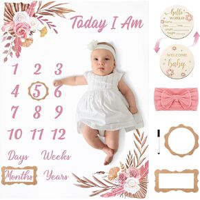 Floral Baby Milestone Blanket for Baby Girls, Boho Baby Monthly Milestone Blanket, Baby Age Milestone Blanket Baby Growth Blanket Photo Blanket with Bow Headband, Frames, Wooden Signs