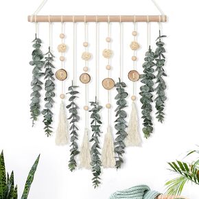KHOYIME Artificial Eucalyptus Wall Hanging Faux Greenery Decor with Fake Eucalyptus Stems Plants Wooden Stick Macrame Leaves Boho Chic Bohemian Home Wall Art for Nursery Living Room Bedroom Bathroom
