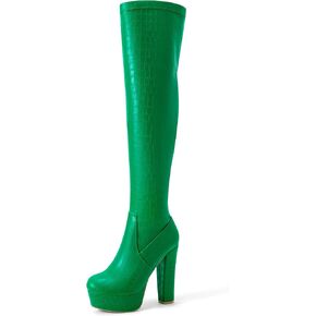 Perphy Stone Pattern Platform Block Heels Over the Knee High Boots for Women