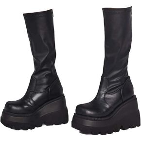 UOQAPRE Womens High Platform Mid Calf Wedges Chunky Booties Heel Round-Toe Side Zip Winter Punk Combat Boots For Women