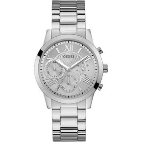 GUESS Classic Stainless Steel Bracelet Watch with Day, Date + 24 Hour Military/Int'l Time. Color: Silver-Tone (Model: U1070L1)