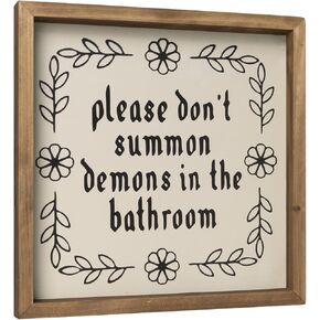 flangairy Please Don'T Summon Demons In The Bathroom Sign, Wooden Halloween Gothic Bathroom Wall Decor, Horror Witchy Half Bath Art Decorative Signage, Restroom Shelf Home Decoration