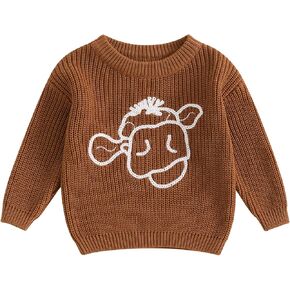 Toddler Boy Girl Western Sweaters Infant Baby Cute Highland Cow Embroidery Jumper Long Sleeve Knitted Pullover Tops