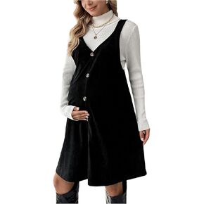 OYOANGLE Women's Maternity Button Front Sleeveless Dress V Neck Straight Pinafore Overall Dresses