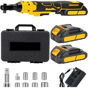 Rehomy Cordless Electric Ratchet Wrench Set 21V 3/8 Power Ratchet Tool Kit with 2.0Ah Batteries Sockets 1/4 Adapter 3 Extension Bar