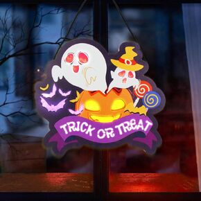 1Pcs LED Halloween Trick or Treat Wooden Door Hanging Sign, Lighted Wall Window Front Door Decor Signs Pumpkin Ghost Decor Halloween Decorations for Indoor Outdoor Wall Home Haunted Party