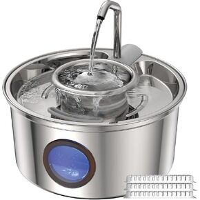 Cat Water Fountain,108oz/3.2L Stainless Steel Cat Fountain and Removable Water Bowl,Pet Fountain with Water Level Window,Quiet Pump,Multi-Filter, Water Tap, Provides Flowing,6 pcs Filter