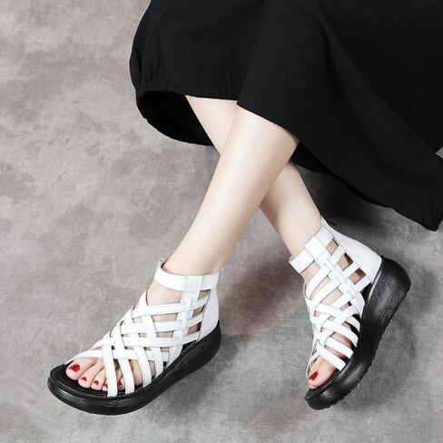 Optigard Women's High Top Leather Gladiator Wedge Sandals with Back Zipper Cut Out Breathable Platform Open Toe Roman Sandals Summer Casual Non-Slip Walking Beach Sandals in Saudi Arabia