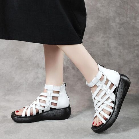 Optigard Women's High Top Leather Gladiator Wedge Sandals with Back Zipper Cut Out Breathable Platform Open Toe Roman Sandals Summer Casual Non-Slip Walking Beach Sandals in Saudi Arabia